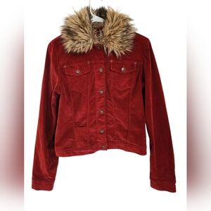 Sinclair Red Corduroy Jacket Women Medium Flap Pockets Fur Collar Hippie Y2K USA